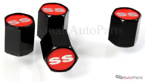 (4) chevrolet ss red logo black abs tire/wheel stem air valve caps covers set