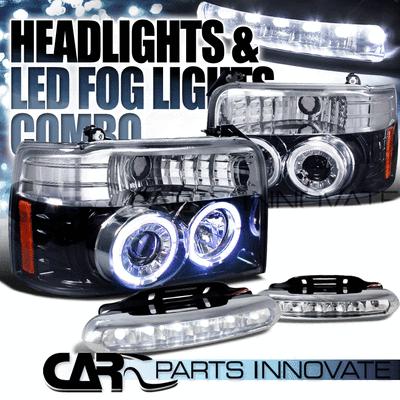 Glossy black 92-96 f150/250/350 halo projector headlights+6-led fog lamps