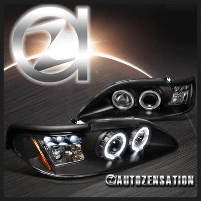 94-98 ford mustang black led drl halo projector headlights