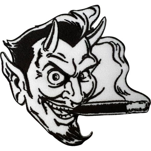 Devil smoking patch iron sew on t shirt jeans satan black white embroidery badge