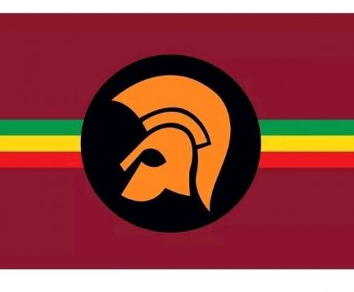 Trojan record flag 90cm by 150cm.logo with burgany background. ref tro-65