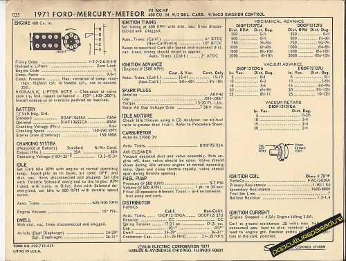 1971 ford mercury meteor v8 400 ci / 260 hp 2 bbl car sun electronic spec sheet