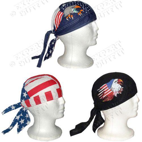 3 lot assorted american flag skull cap doo du rag hat new wholesale! #e1001