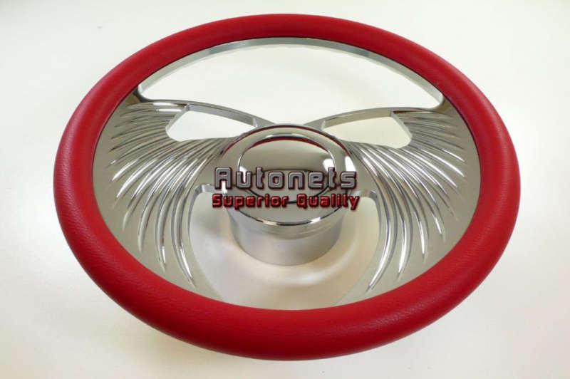 Red leather angel wings chevy gm chrome aluminum steering wheel horn button