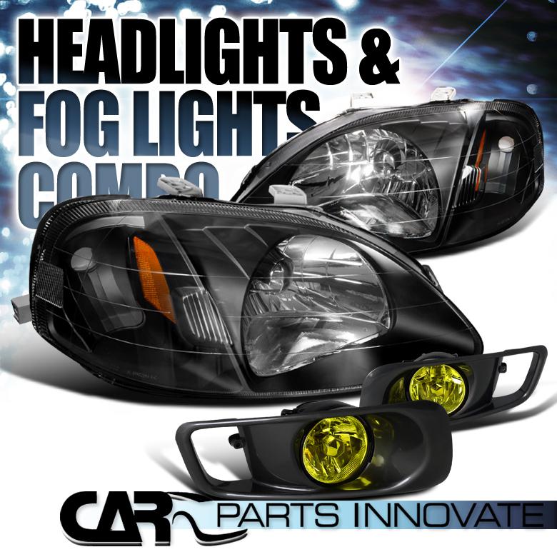 1999-2000 honda civic black crystal headlights+yellow fog bumper lamp