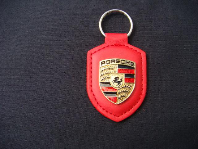 Porsche red leather gold crest keychain keyfob key ring key chain ships fast !!