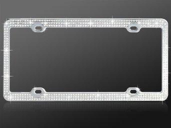 Chrome metal car truck suv license plate frame with triple row clear crystals