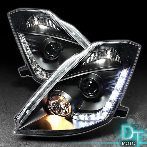 Black 03-05 nissan 350z projector headlights +daytime drl led running lights