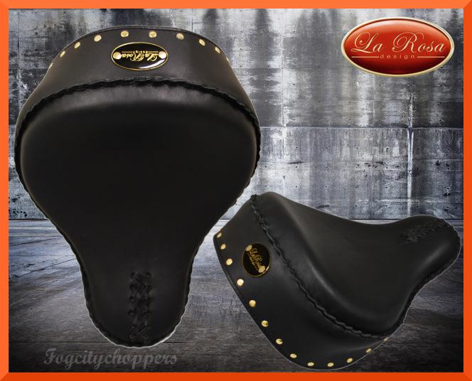 New! 16" black leather bobber solo seat with skirt and la rosa logo [harley]