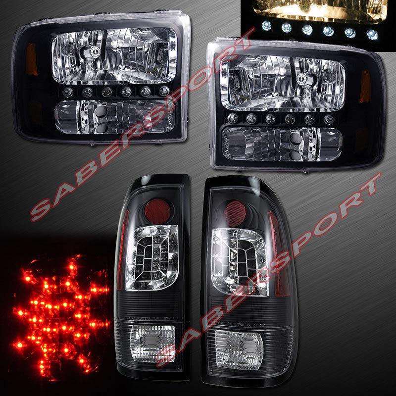 1999-2004 ford f250 f350 superduty black headlights 1pc style + led tail lights