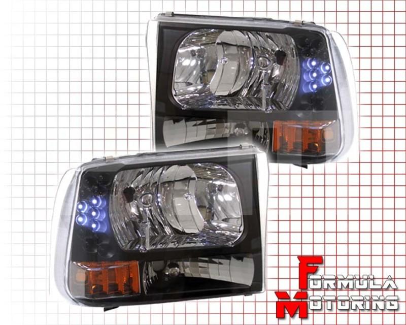 99-04 f250 f350 superduty excursion led headlights signal bumper black/amber