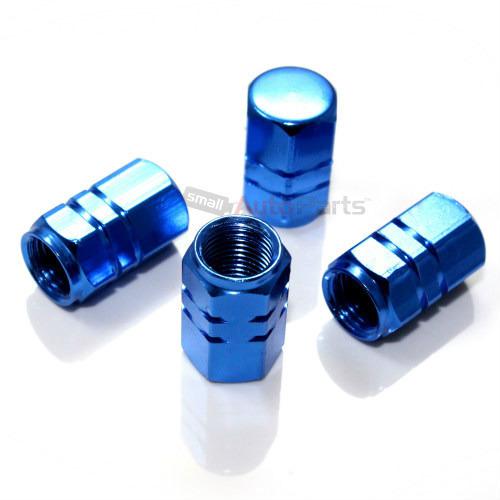 4 blue aluminum tire/wheel air pressure valve stem caps for auto-car-truck-bike