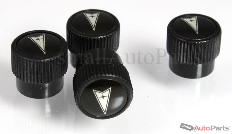 (4) pontiac logo black abs tire/wheel stem air valve caps covers set