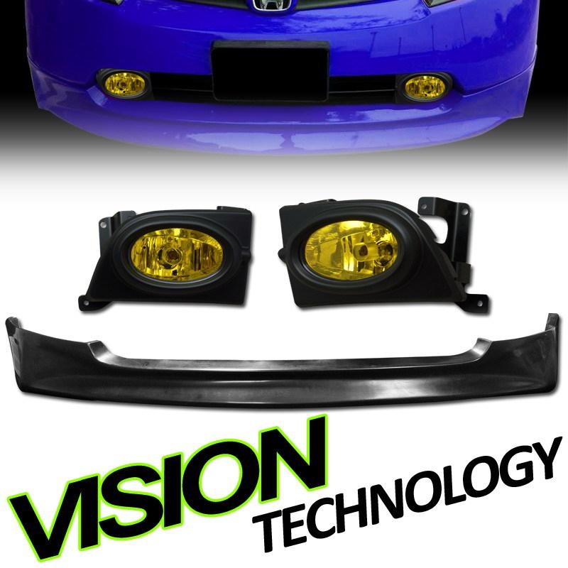 06-08 civic 4d/4dr jdm blk mu type pu front bumper lip spoiler+yellow fog lights