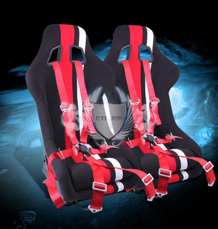 2x black/red white stripe fabric sport racing bucket seat+6pt belt camlock strap