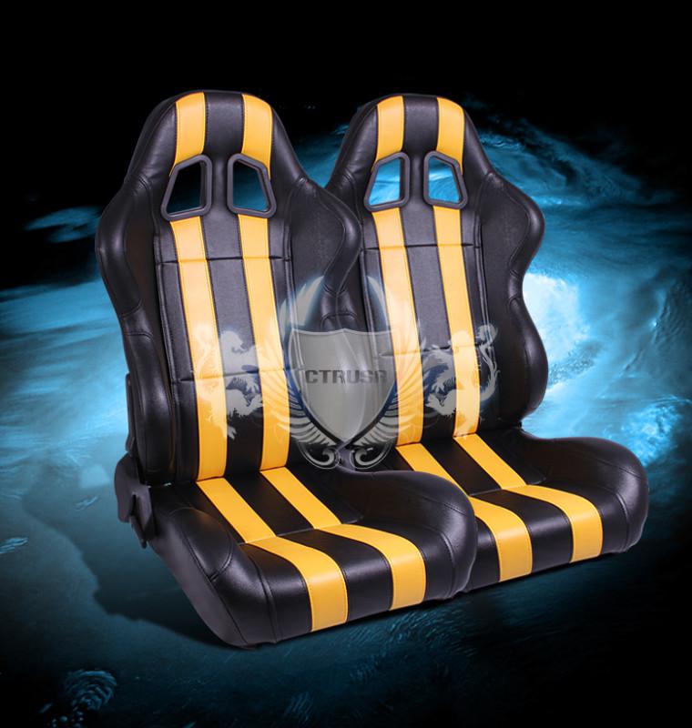 2x universal black/yellow stripe racing front seats simulated leather pair new