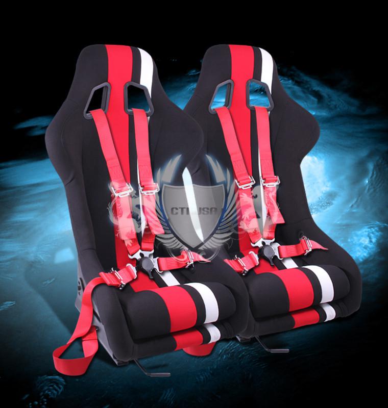 2x black/red white stripe fabric sport racing bucket seat+4pt camlock strap pair