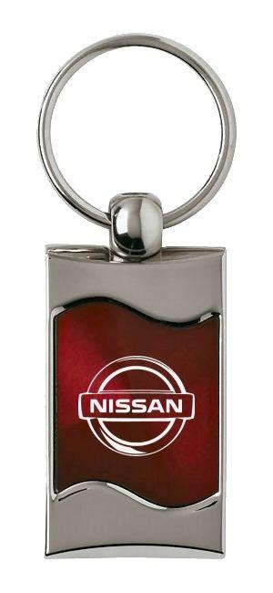 Nissan burgundy rectangular wave metal key chain ring tag key fob logo lanyard