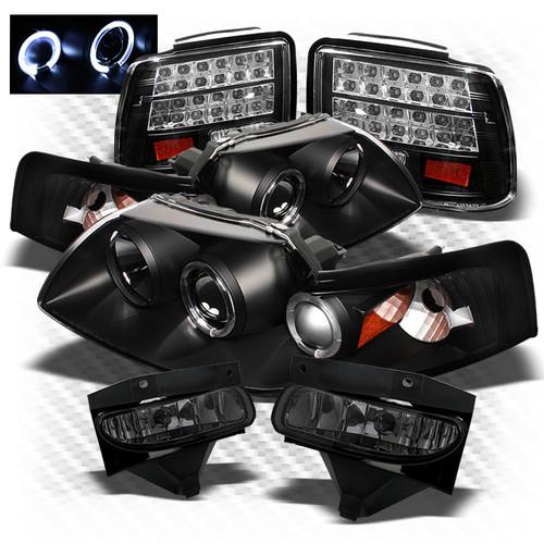 99-04 mustang black headlights + led perform tail lights + smoked fog lights set