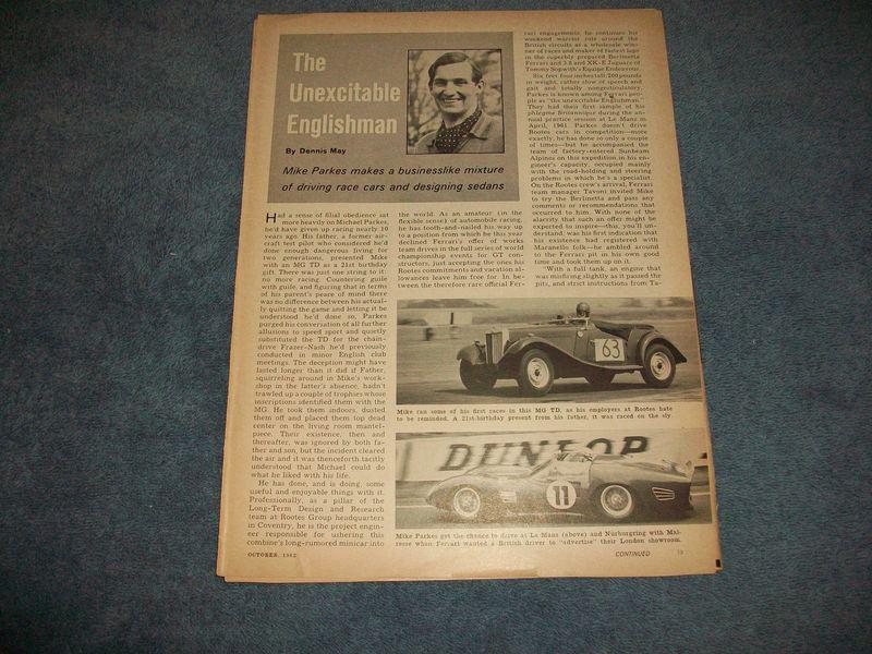 1962 vintage profile article on designer and driver mike parkes 