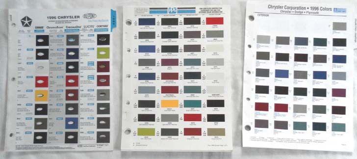 1996 chryler dodge plymouth mopar truck color paint chip charts all models