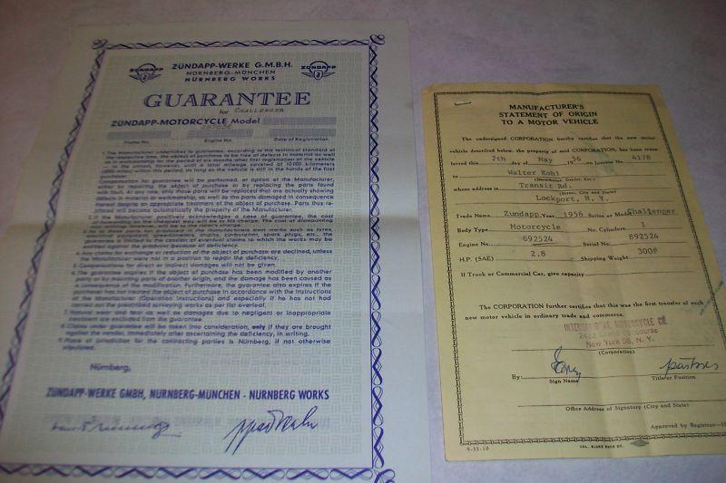 Nos zundapp 200s zündapp challenger original warranty guarantee form & m.s.o. 