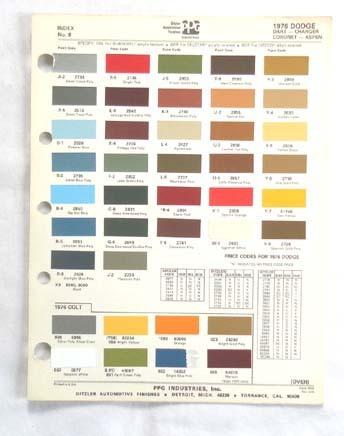 1976 dodge ppg color paint chip chart dart charger coronet monaco mopar original