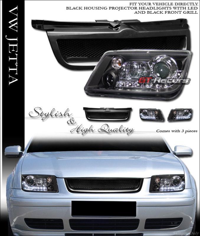 Black drl led projector head lights signal+mesh grill grille 1999-2004 jetta mk4