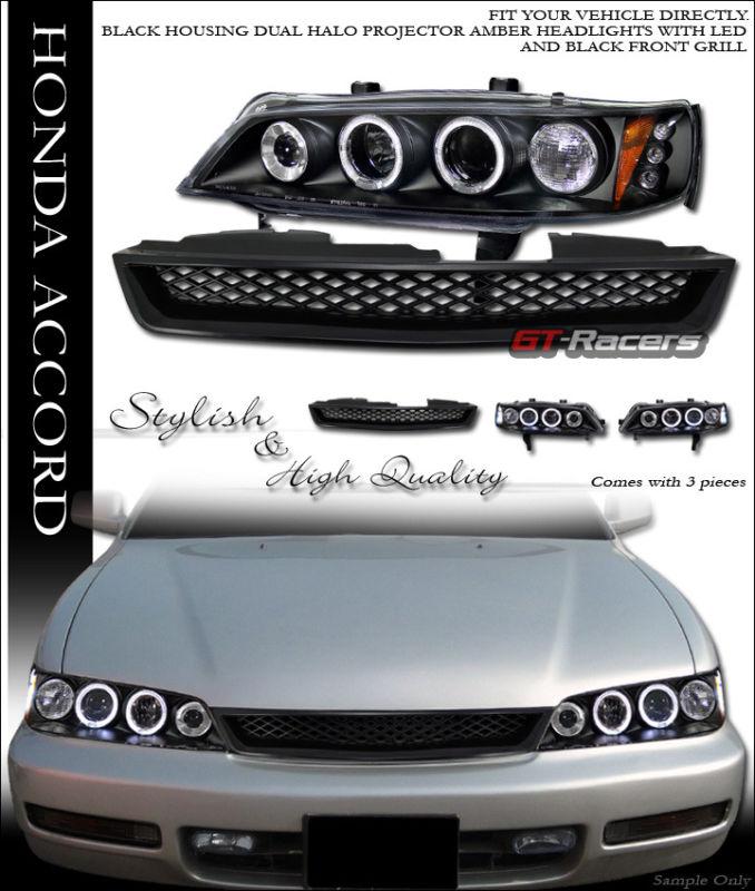 Black halo led projector head lights+front bumper grill grille 1994-1997 accord