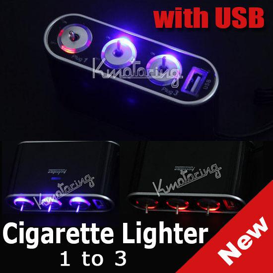 3 way car cigarette lighter usb socket splitter charger led light switch 12/24v