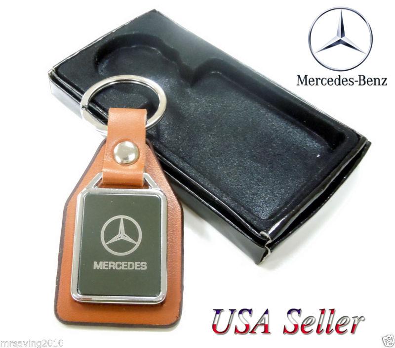 Mercedes benz logo metal leather key chain badge key fob keyring car + gift box