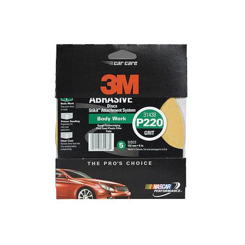 3m 6" 220 grit stikit psa gold abrasive sandpaper sanding disc 5 in a box 31438