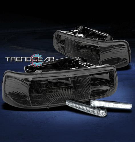 99-02 silverado/tahoe/suburban crystal smoke head lights+led drl daytime running