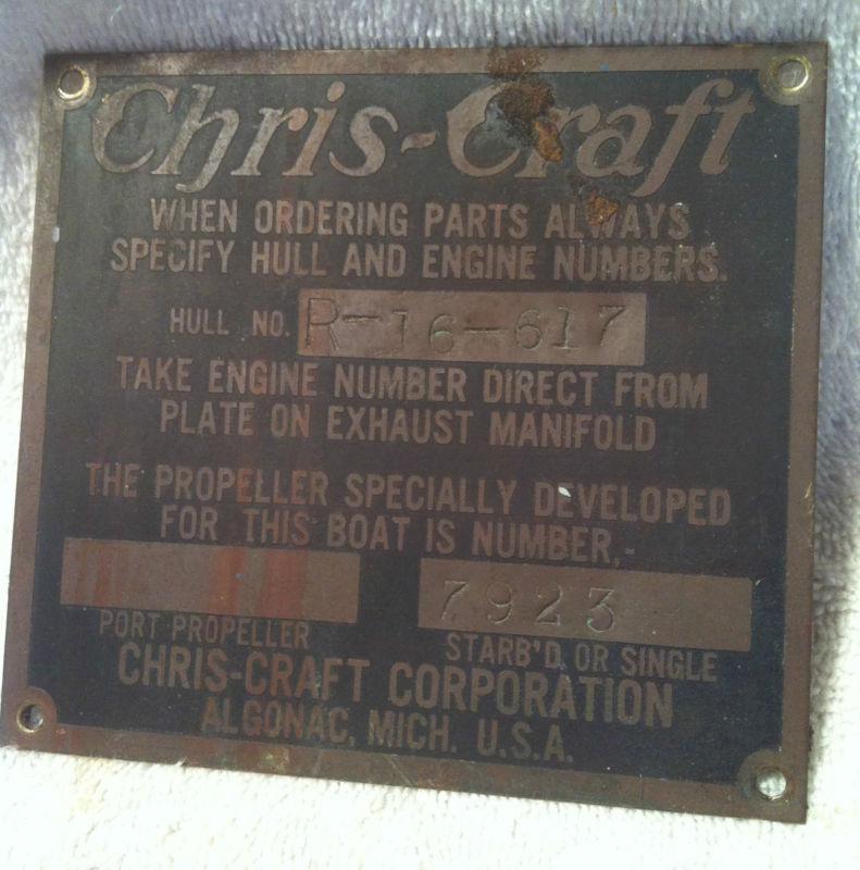 Vintage chris-craft brass i.d.plate - hull no. r-16-617