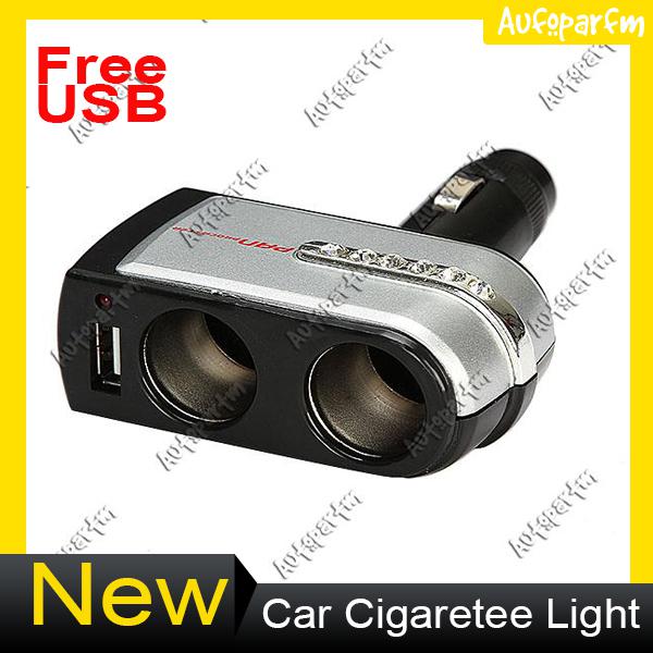 1 to 2 silver car cigarette lighter power splitter for mp3/mp4/pda + usb port