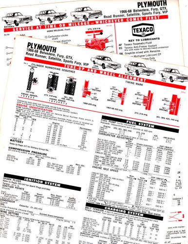 1966 1967 1968 plymouth satellite gtx fury road runner lube tune-up charts cc3