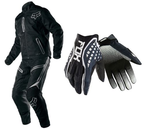 Fox racing black/grey mens legion jacket &amp; pants with black flexair race gloves