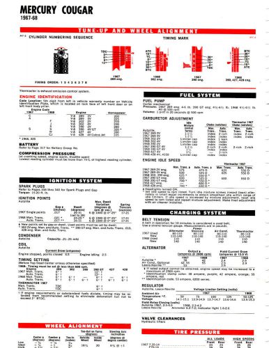 1967 1968 mercury cougar v-8 67 68 lube lubrication lube tune-up charts t5