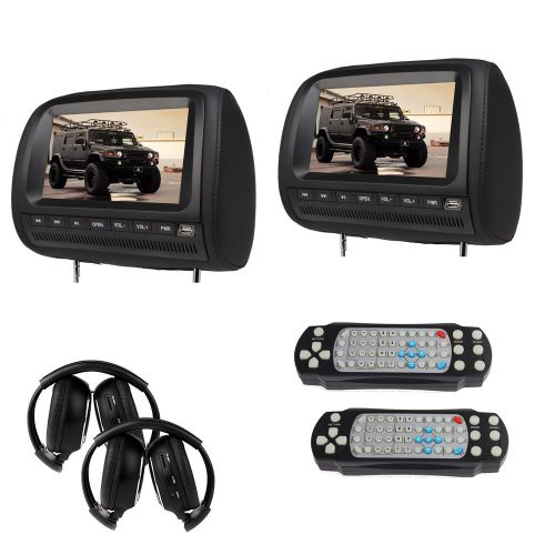 Pair of 9&#034; lcd car pillow headrest dvd cd fm player  game black ir headphones