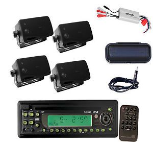 Pyle marine cd radio receiver, 4 box speakers, 800w amp, antenna, radio cover