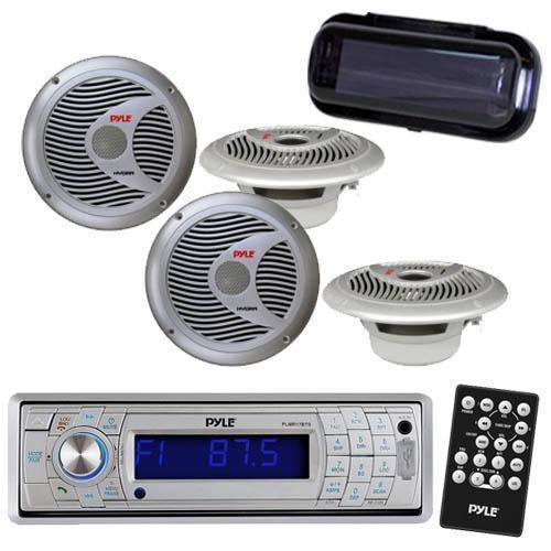 New marine silver am/fm sd usb player w/wireless bluetooth 4 new speakers cover