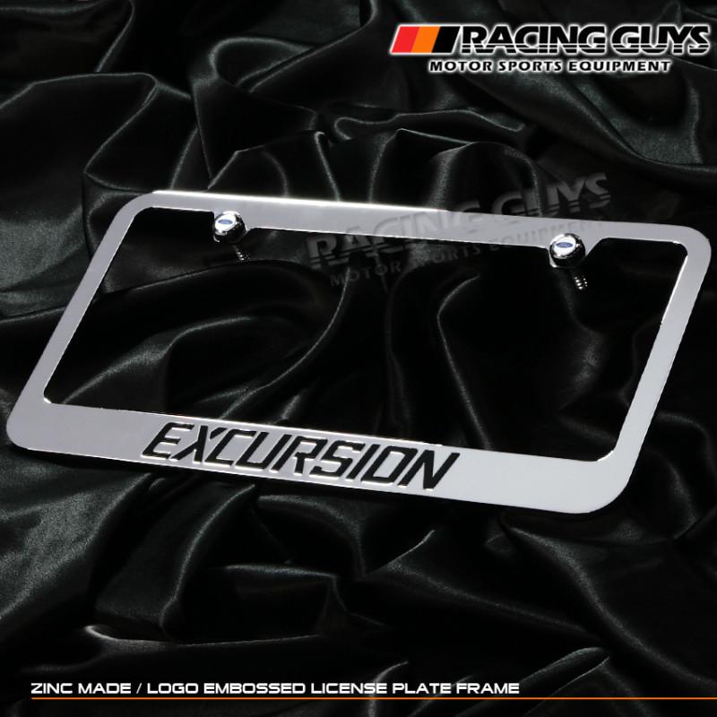 Ford excursion chrome license plate frame+screw cap black font new embossed