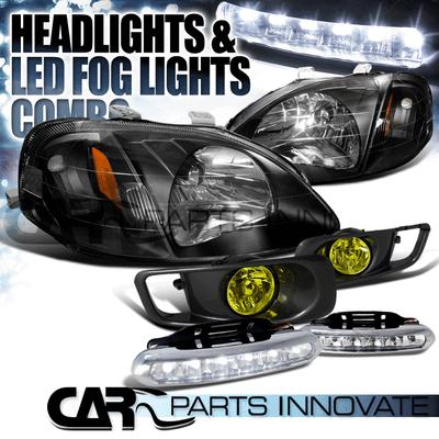 1999-2000 honda civic black crystal headlights+yellow fog bumper lamp+6-led drl