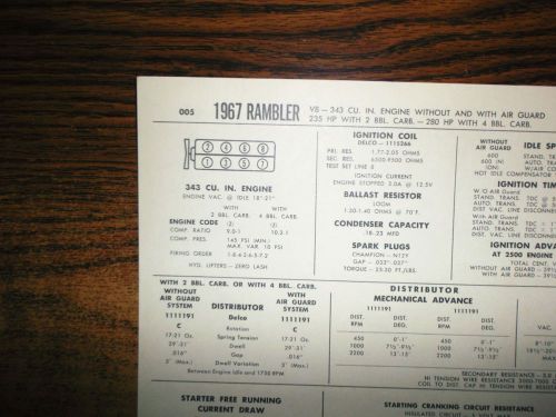1967 rambler eight series models 343 ci v8 2bbl or 4bbl carb tune up chart