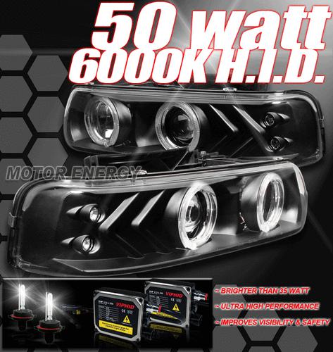 99-02 silverado/00-06 suburban tahoe halo led black projector head light+50w hid