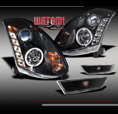 03-07 infiniti g35 coupe 2dr drl led halo projector head light+side marker black