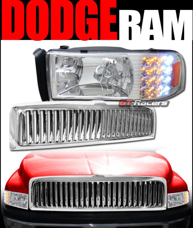 Chrome led head lights corner signal w/front grill grille vt 1994-2002 dodge ram