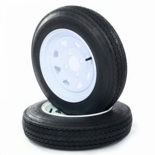 Two 4.80-12 trailer tires &amp; rims 4.80x12 lrb 4 lug hole bolt white spoke wheel