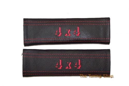 Seat belt harness pads covers black leather embroidery 4x4 red stitching new