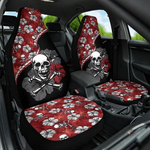 Hibiscus skull kakau pattern car seat cover set of 2, halloween car seat cover